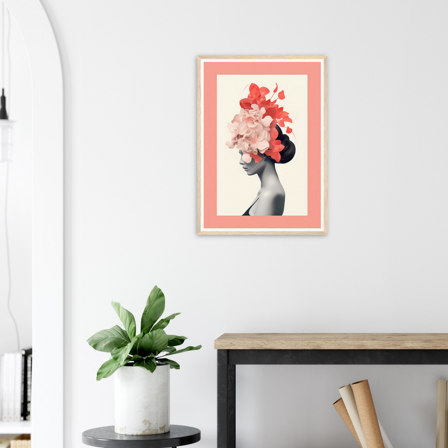 Framed artwork depicting a figure with a floral headdress in place of a head.