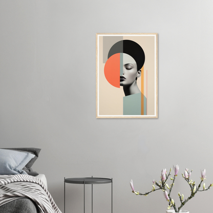 Framed abstract portrait featuring geometric color blocks and a stylized face in profile.