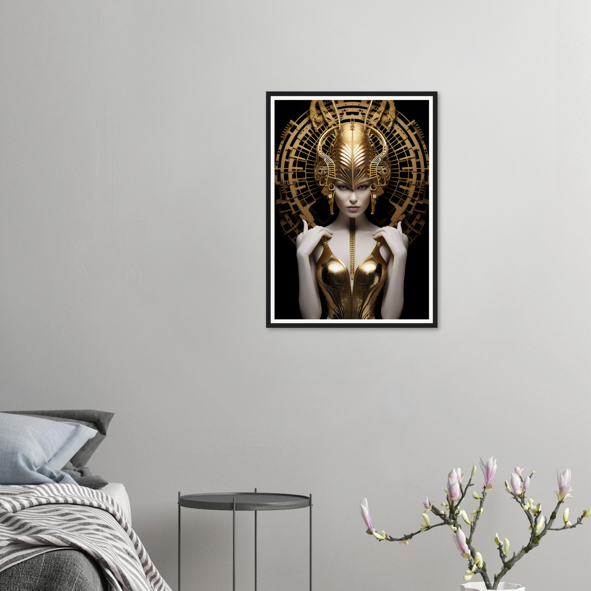 Framed artwork depicting a figure with an elaborate golden headdress and metallic bodice in a mystical, goddess-like style.