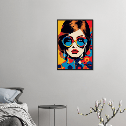 Colorful pop art-style portrait of a woman wearing oversized sunglasses.