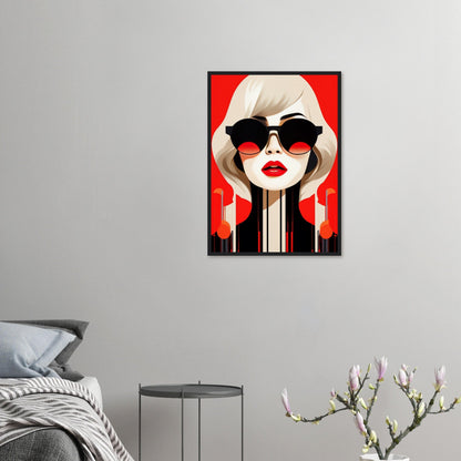 Stylized portrait of a woman with blonde hair, red lips, and sunglasses against a red background.