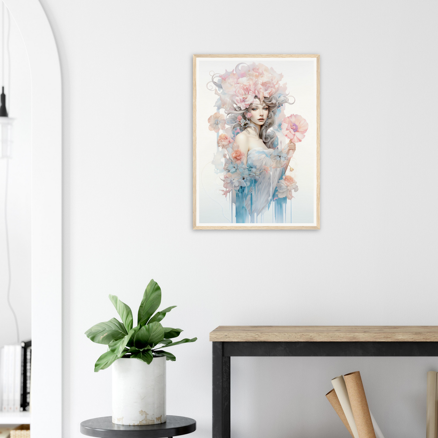 Framed watercolor portrait of a woman with soft, ethereal colors and floral elements.