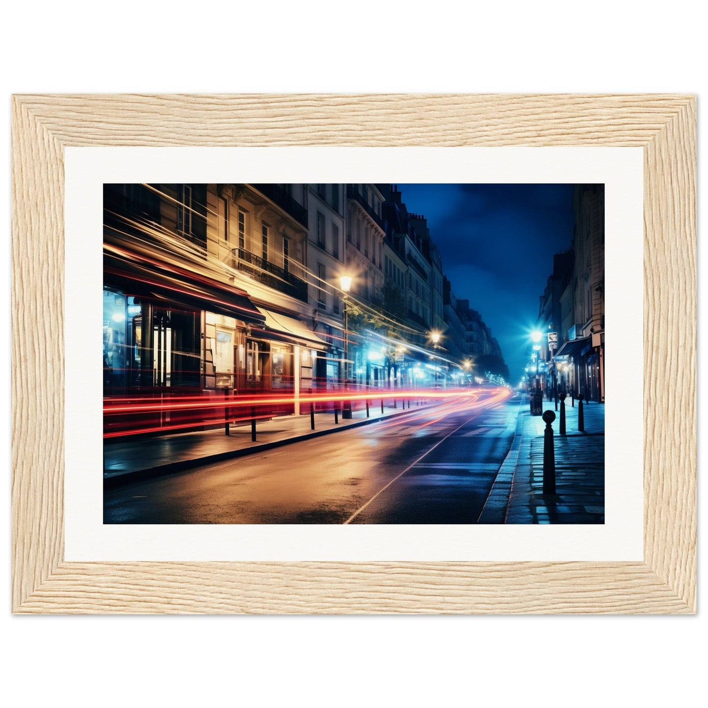 A framed photograph of a city street at night