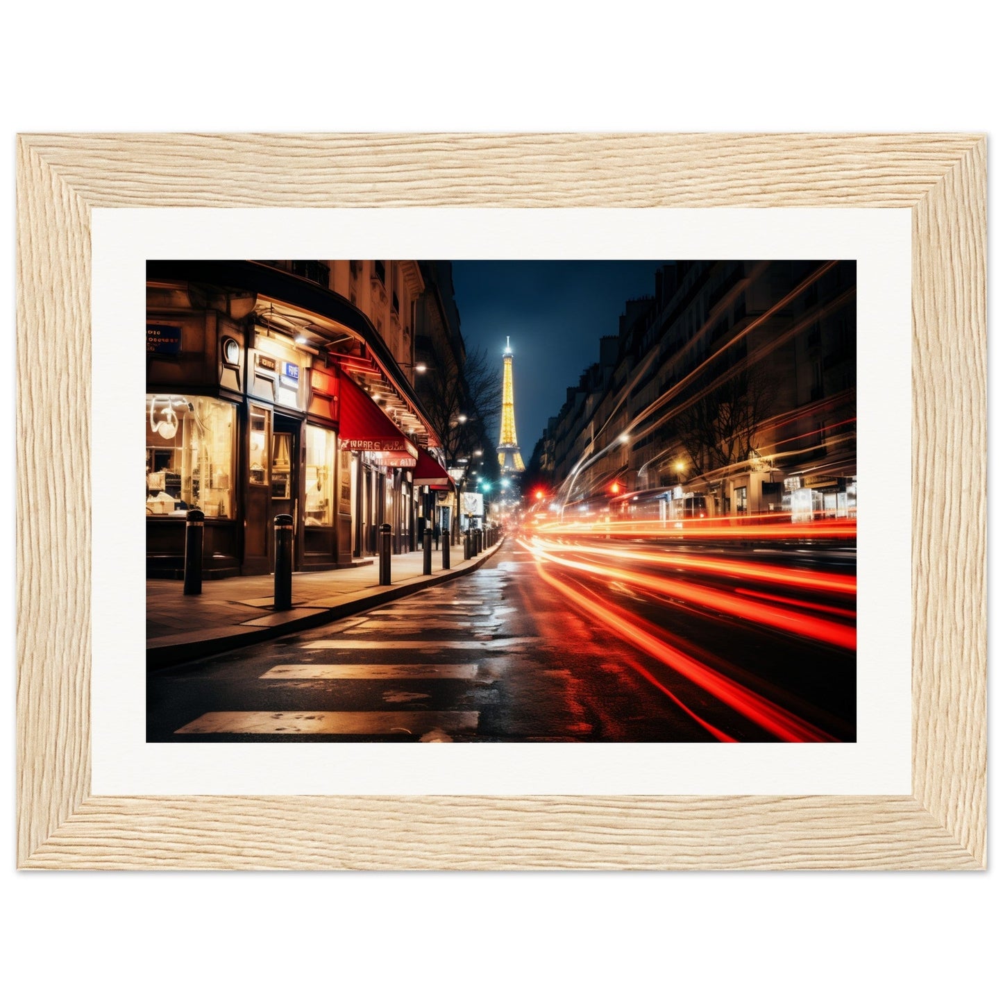 A framed photograph of a city street at night