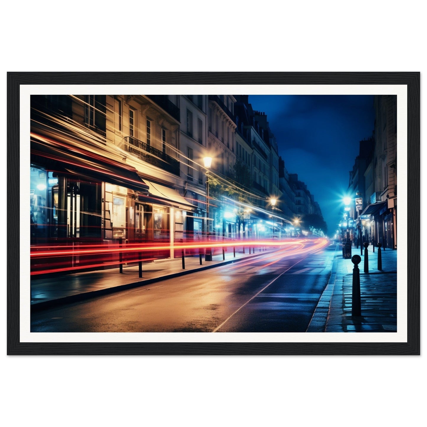 A framed photograph of a london street at night