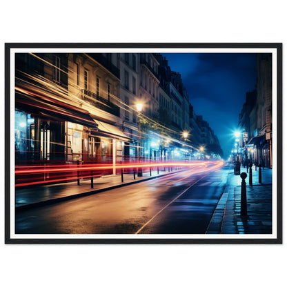 A framed photograph of a london street at night