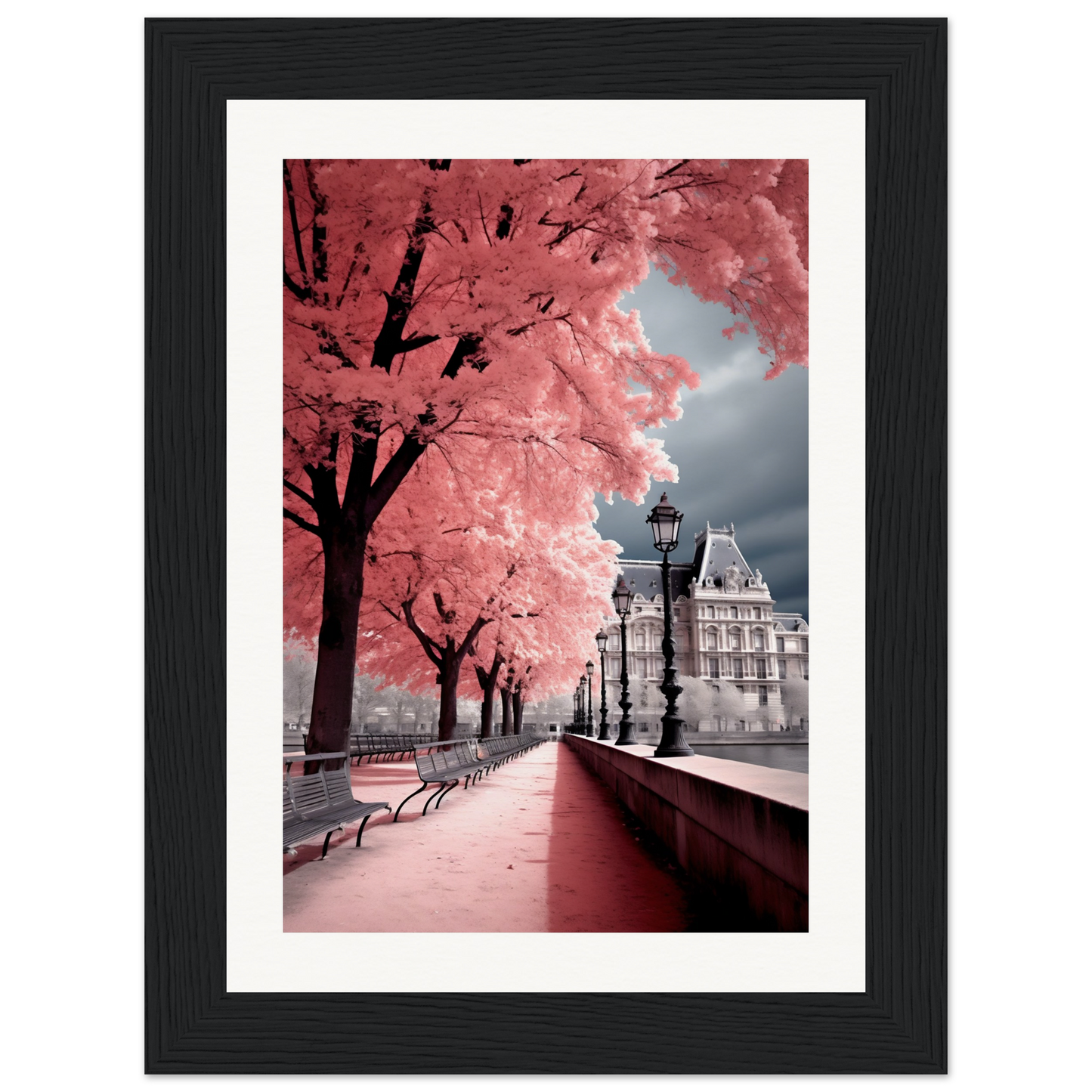 A framed photograph of a pink tree in the city