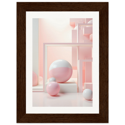 A framed photograph of a pink and white ball