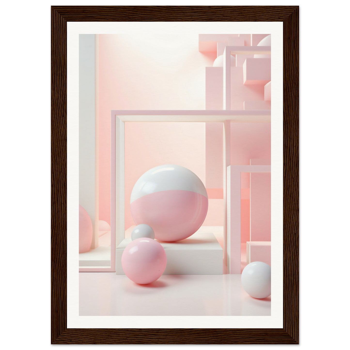 A framed photograph of pink and white balls