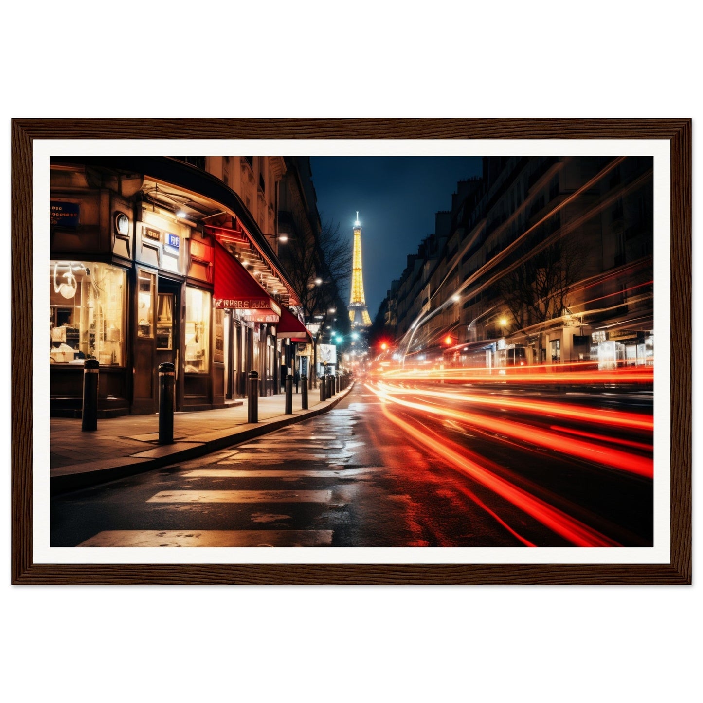 A framed photograph of a street with a light streaking down the side