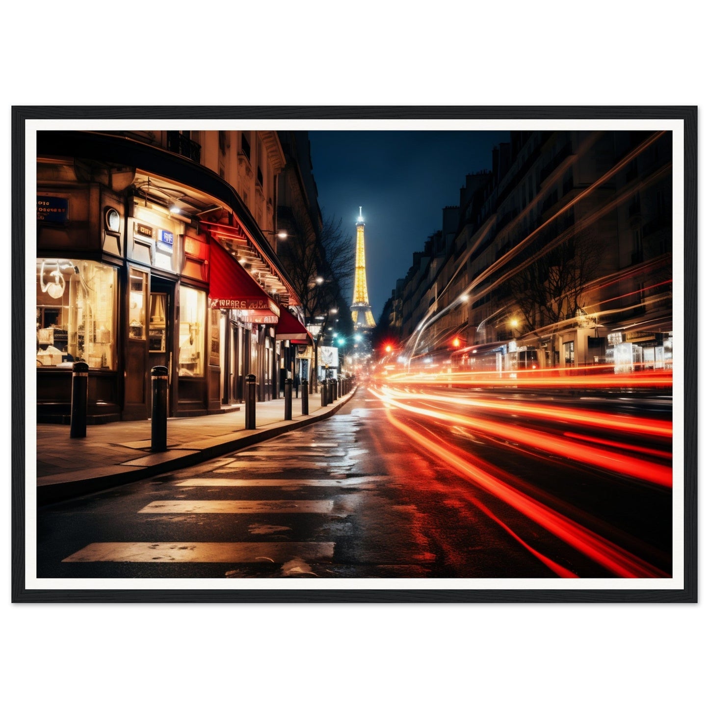 A framed photograph of a street in paris at night