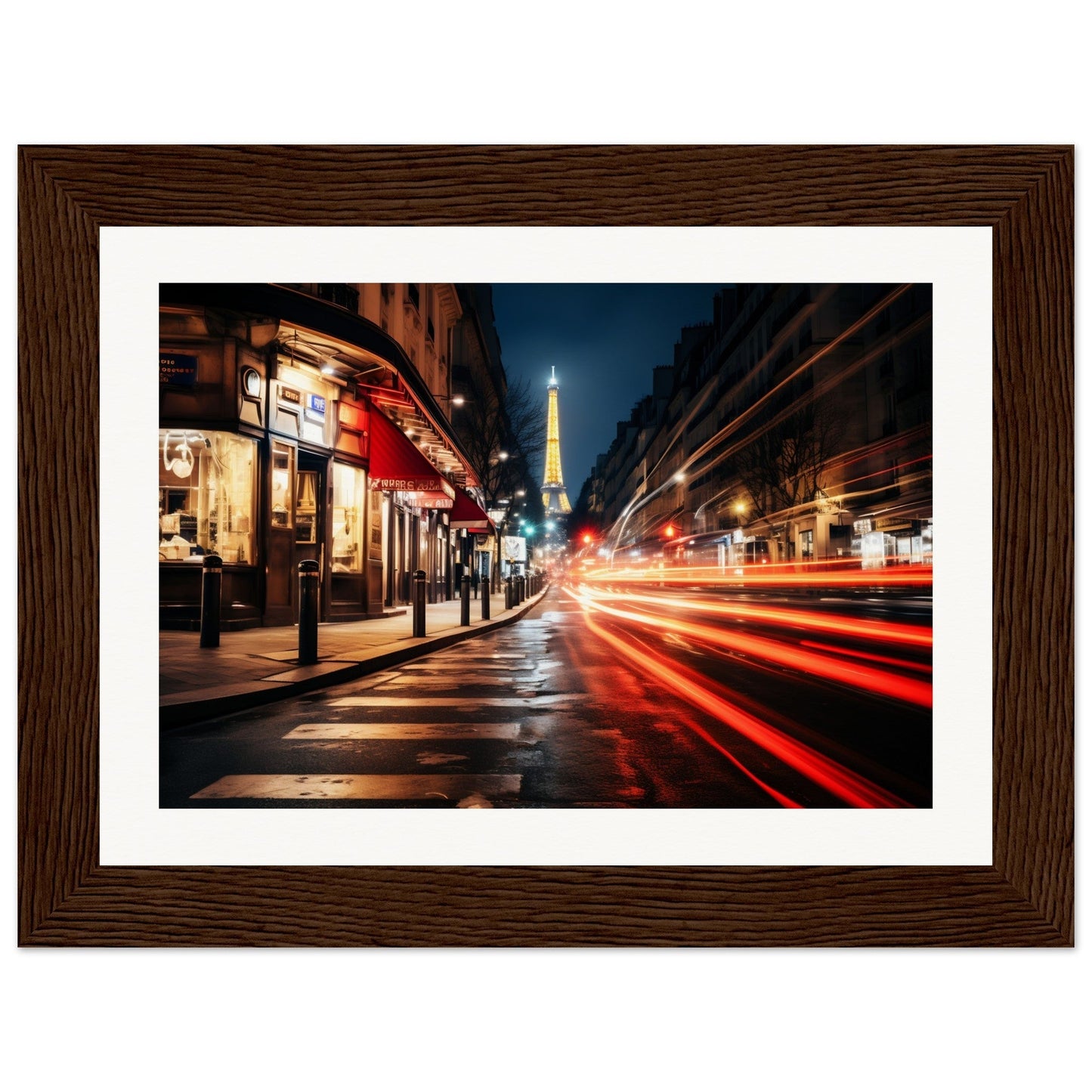 A framed photograph of a street with traffic