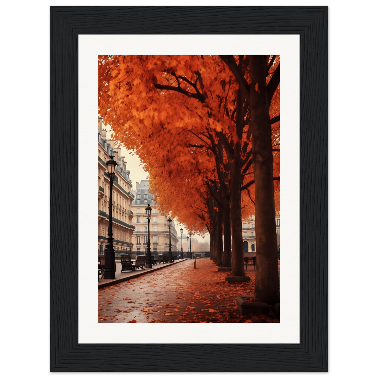 A framed photograph of a street with trees and a bench