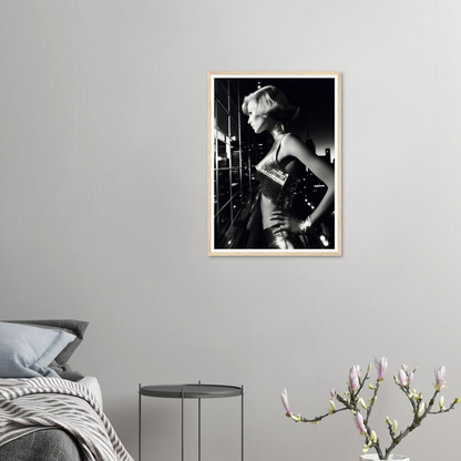 A framed photograph of a woman in a black and white photo