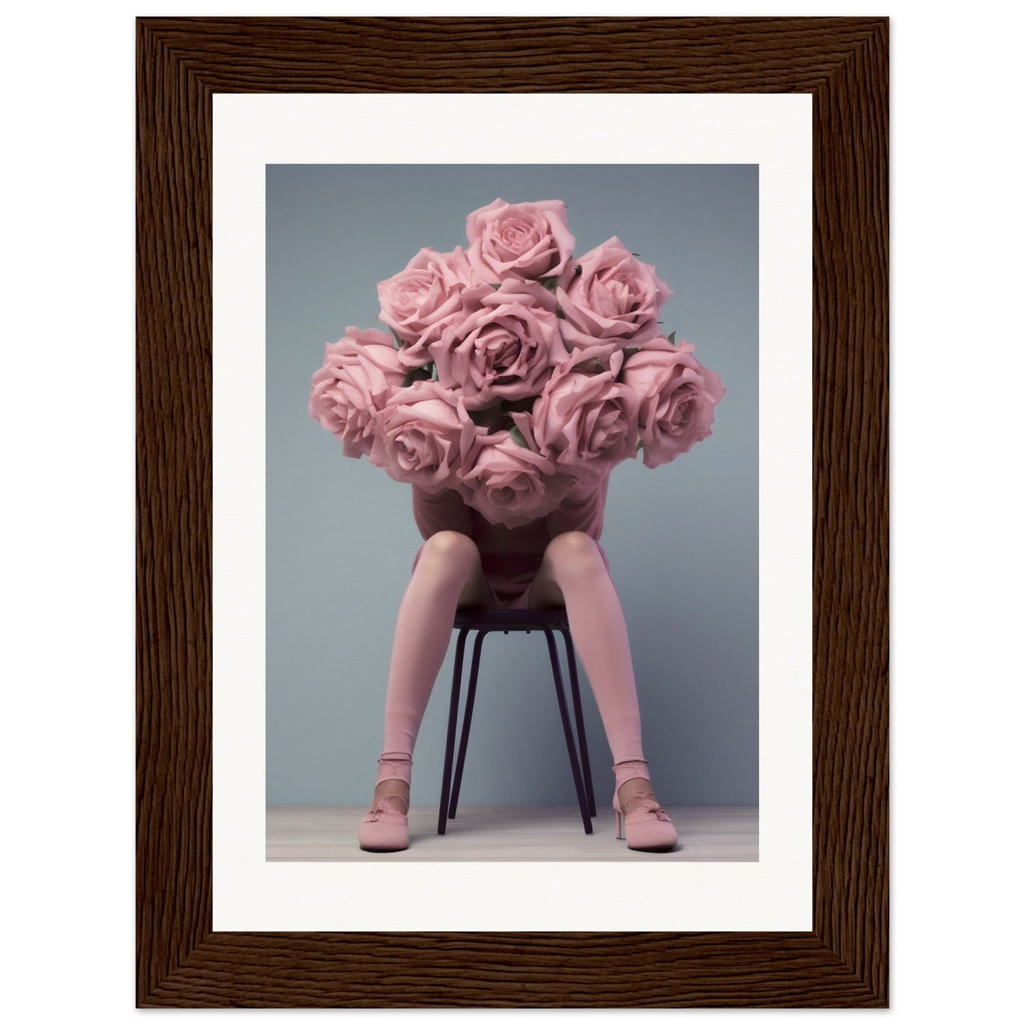 A framed photograph of a woman sitting on a chair with pink roses