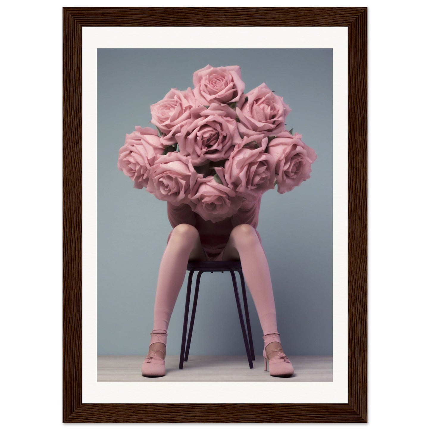 A framed photograph of a woman sitting on a chair with pink roses