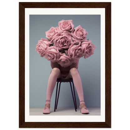 A framed photograph of a woman sitting on a chair with pink roses