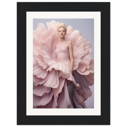 A framed photograph of a woman in a pink dress