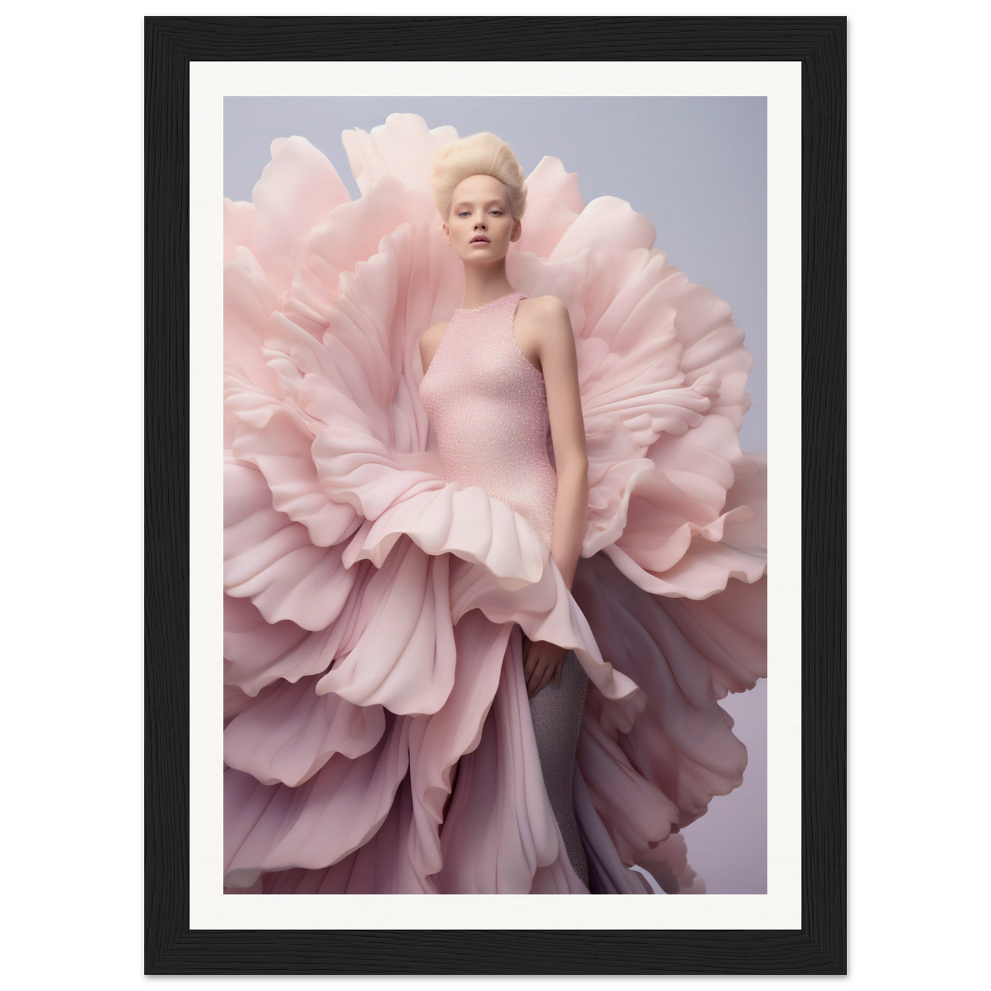 A framed photograph of a woman in a pink dress