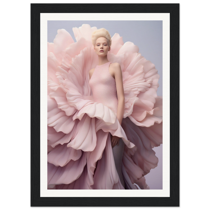 A framed photograph of a woman in a pink dress