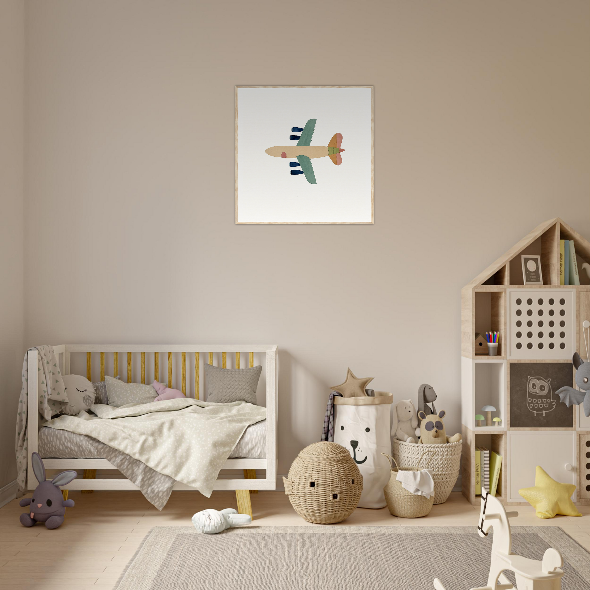 Neutral-toned nursery featuring a wooden crib and Aerial Daydream Revolution airplane art