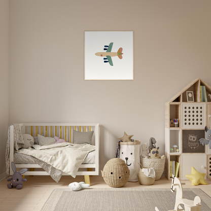 Neutral-toned nursery featuring a wooden crib and Aerial Daydream Revolution airplane art