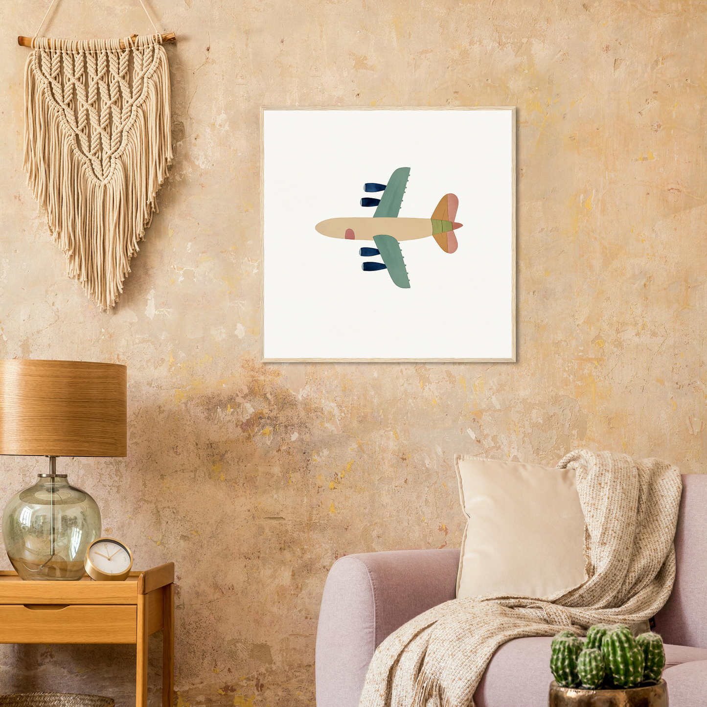 Simple minimalist airplane artwork in teal and coral on white canvas for Aerial Daydream Revolution