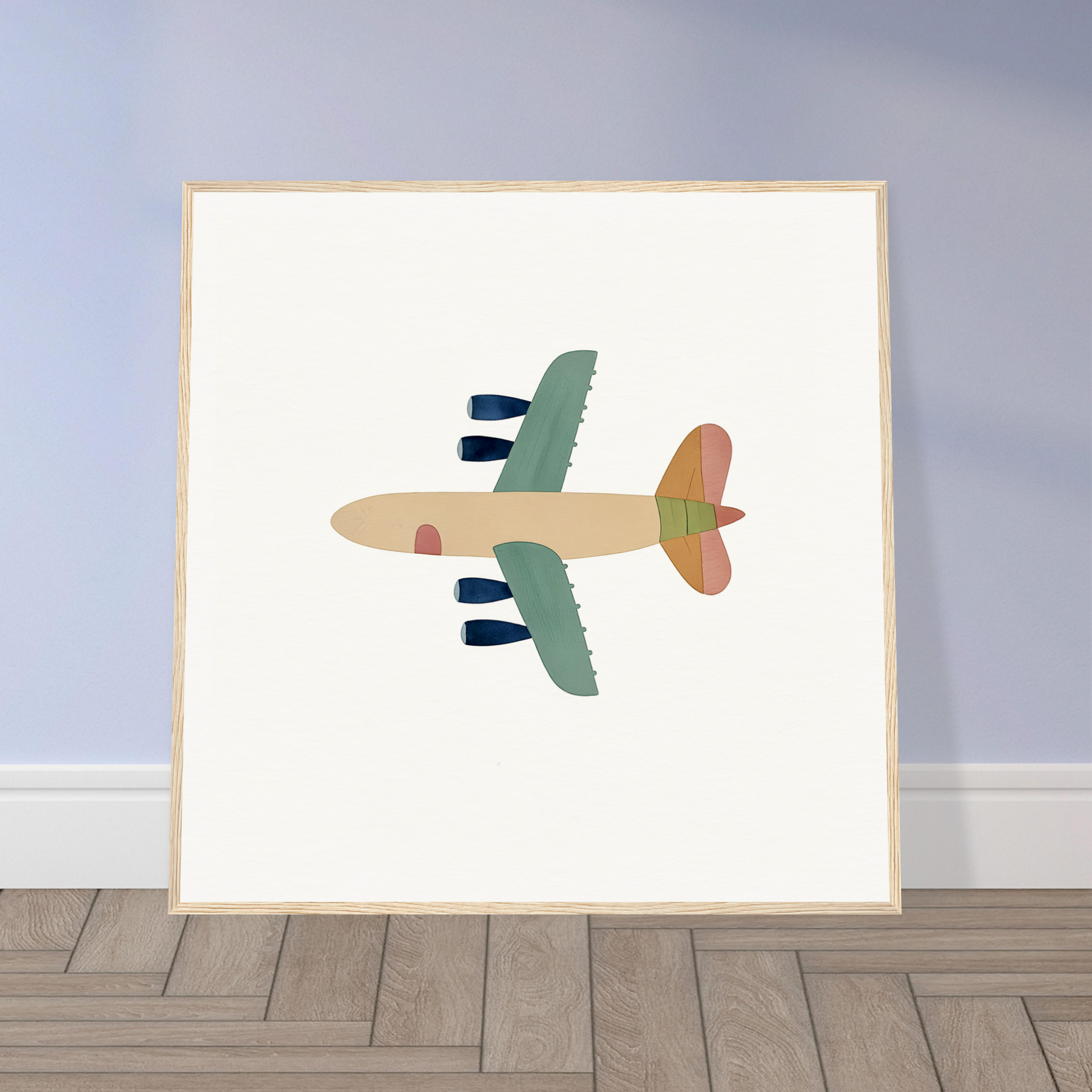 Simple cartoon airplane illustration in muted green, beige, and coral colors for Aerial Daydream Revolution