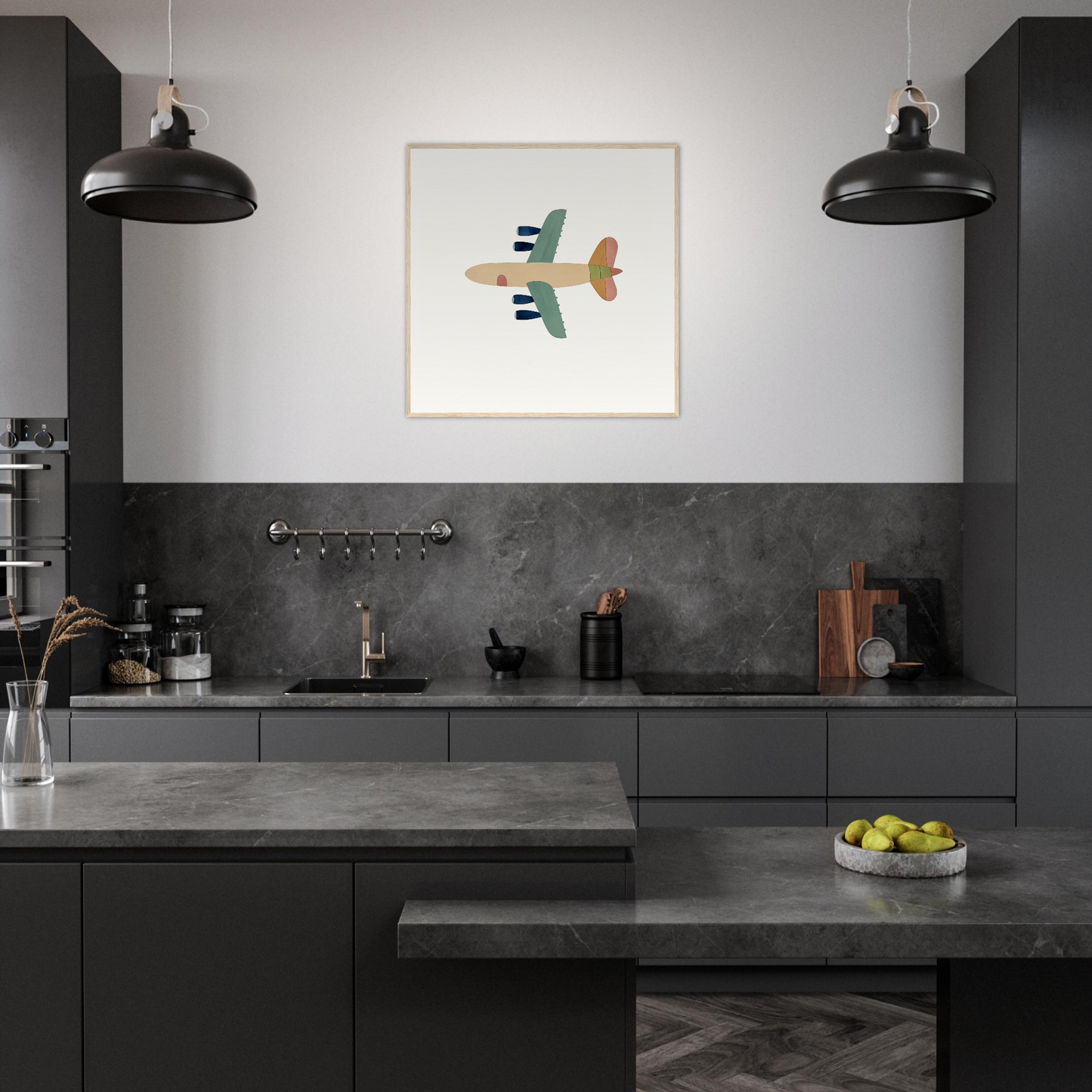 Modern dark gray kitchen featuring colorful Aerial Daydream Revolution airplane artwork