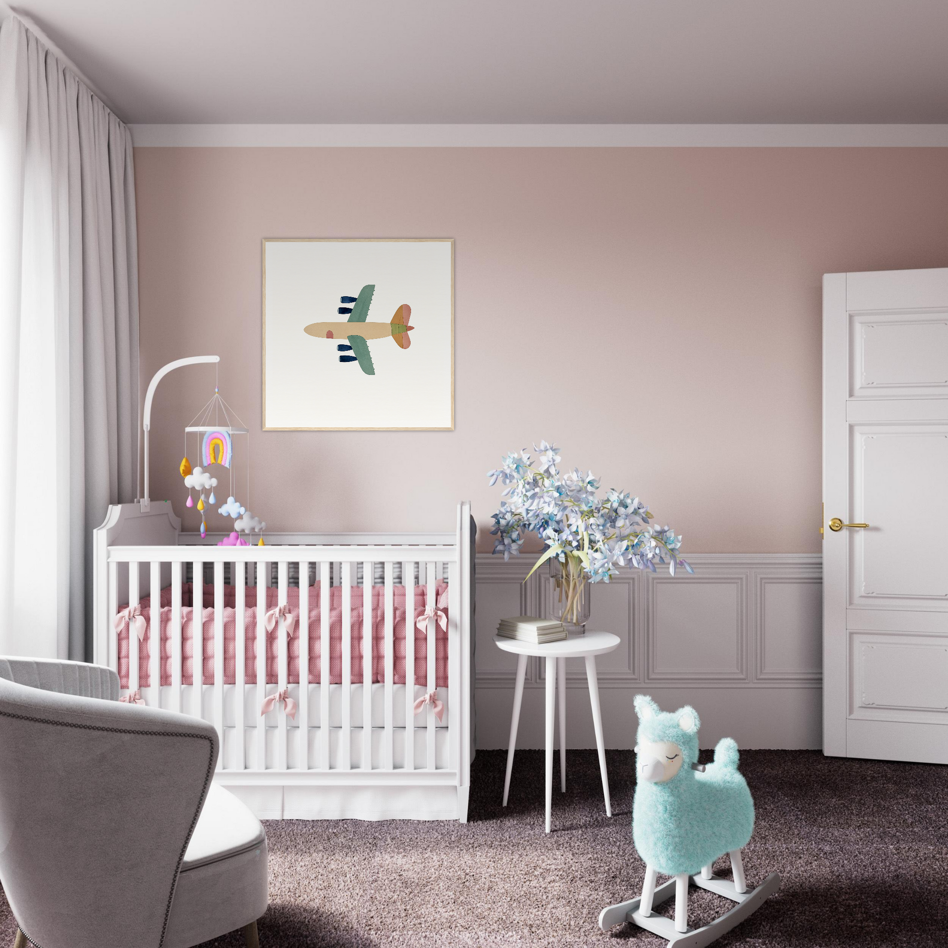 White wooden crib with pink bedding from Aerial Daydream Revolution collection