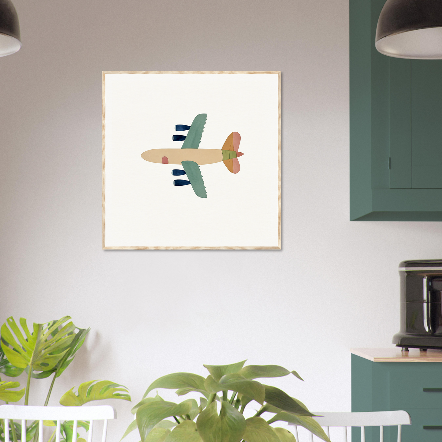 Simple illustration of a green and beige airplane for Aerial Daydream Revolution