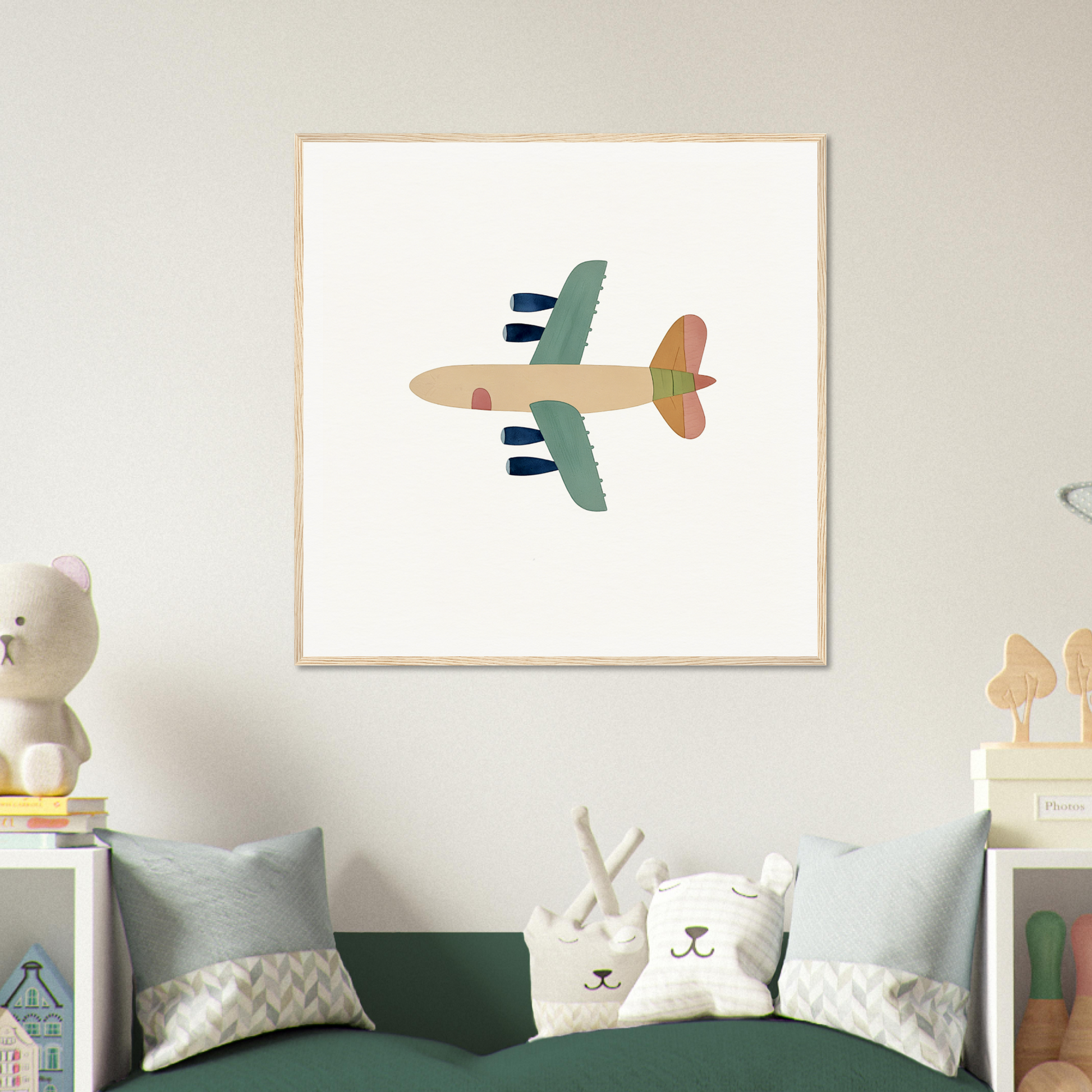 Simple cartoon airplane in pastel green and peach for Aerial Daydream Revolution