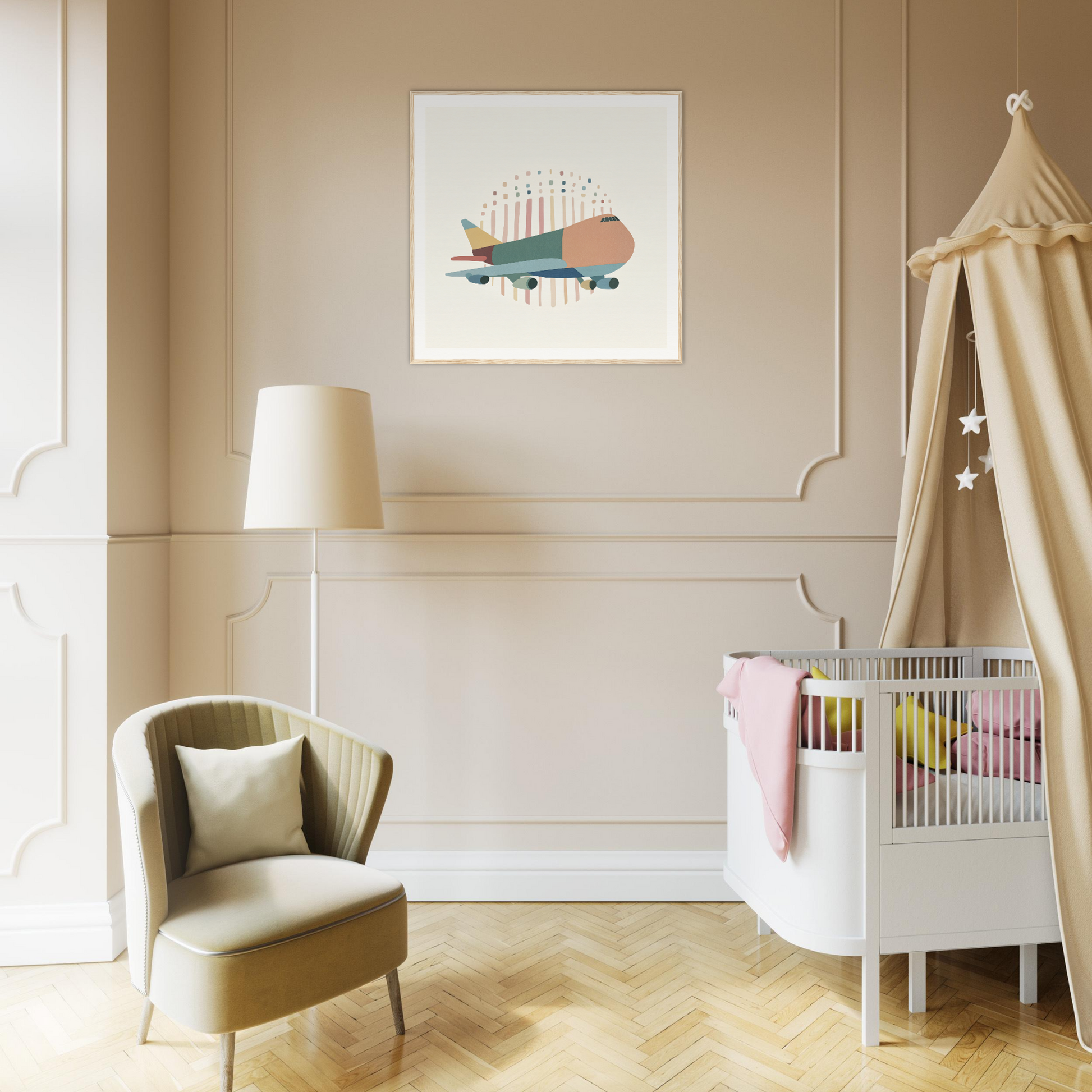 Modern nursery featuring Aero Waves Reverie crib and elegant beige canopy design