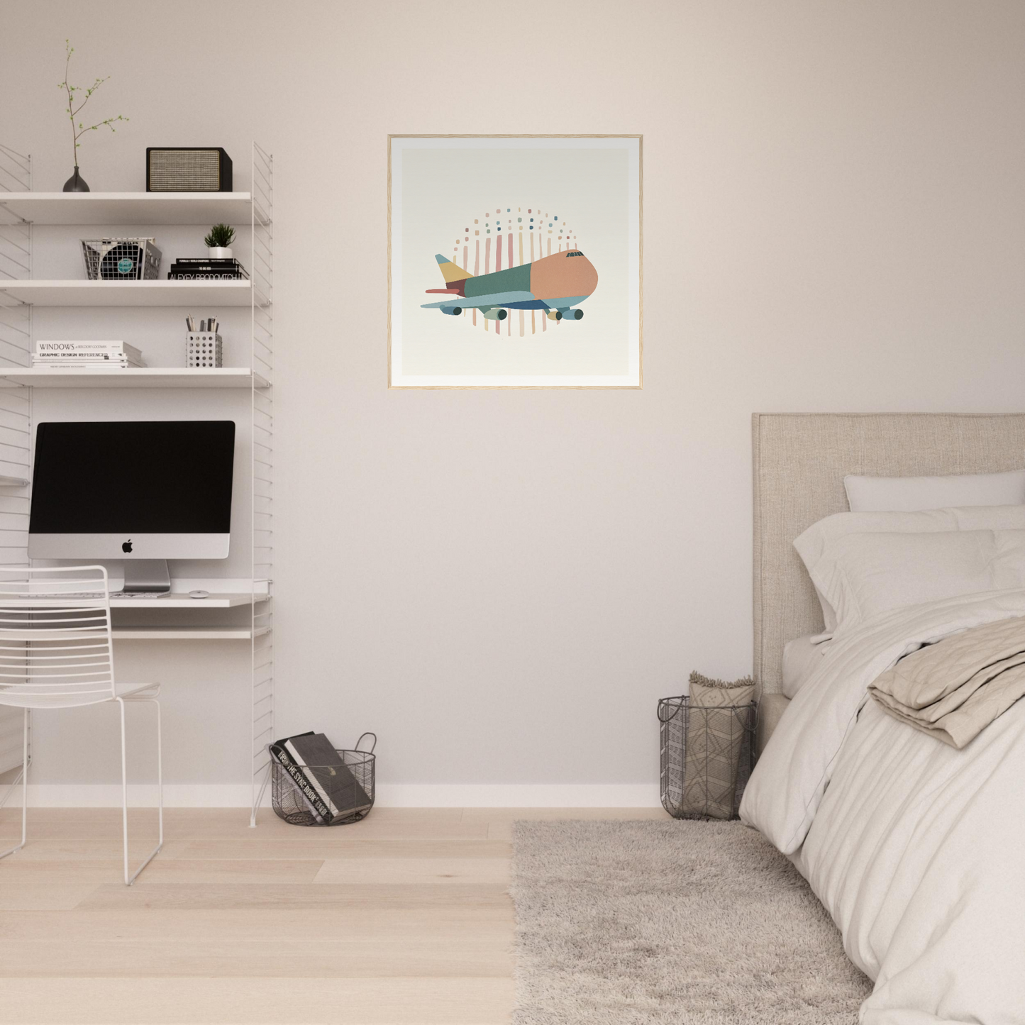 Minimalist bedroom workspace featuring Aero Waves Reverie with floating shelves and iMac