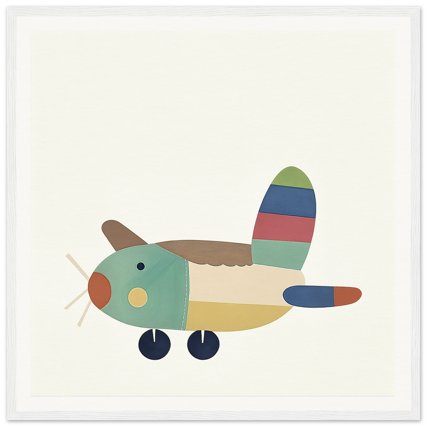 Colorful cartoon airplane with striped tail in Aeronautical Dreamsongs framed canvas