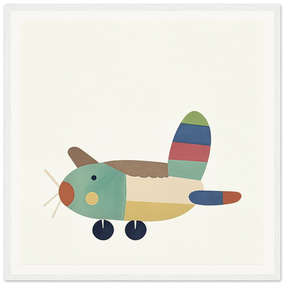 Colorful cartoon airplane with striped tail in Aeronautical Dreamsongs framed canvas