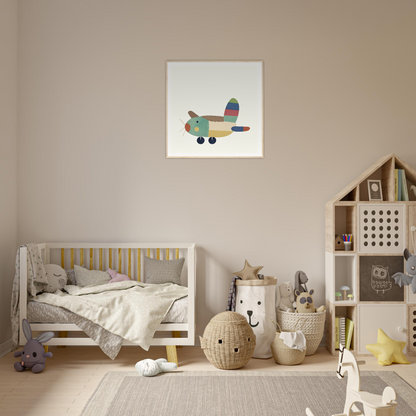 Cozy nursery featuring neutral colors and playful decor with Aeronautical Dreamsongs framed canvas