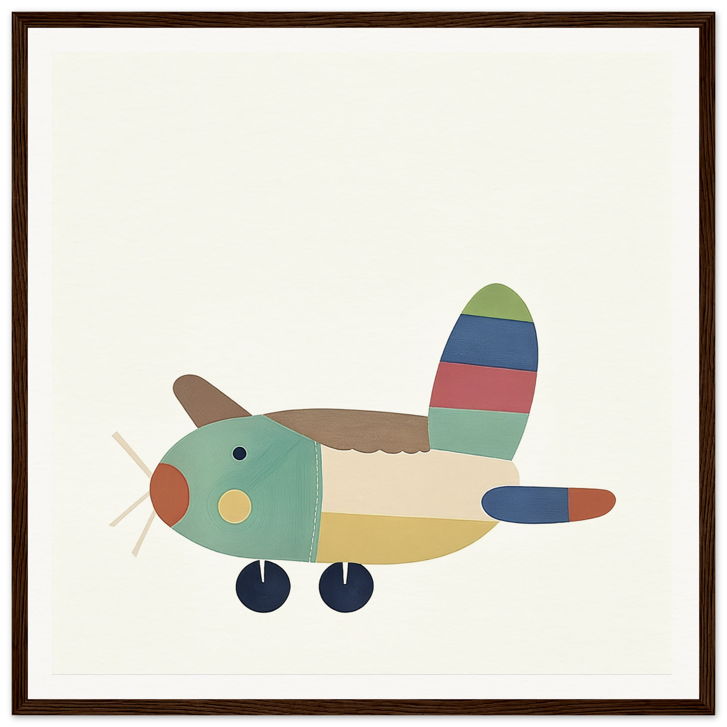 Simple cartoon airplane with colorful tail and blue wheels from Aeronautical Dreamsongs