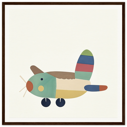 Simple cartoon airplane with colorful tail and blue wheels from Aeronautical Dreamsongs