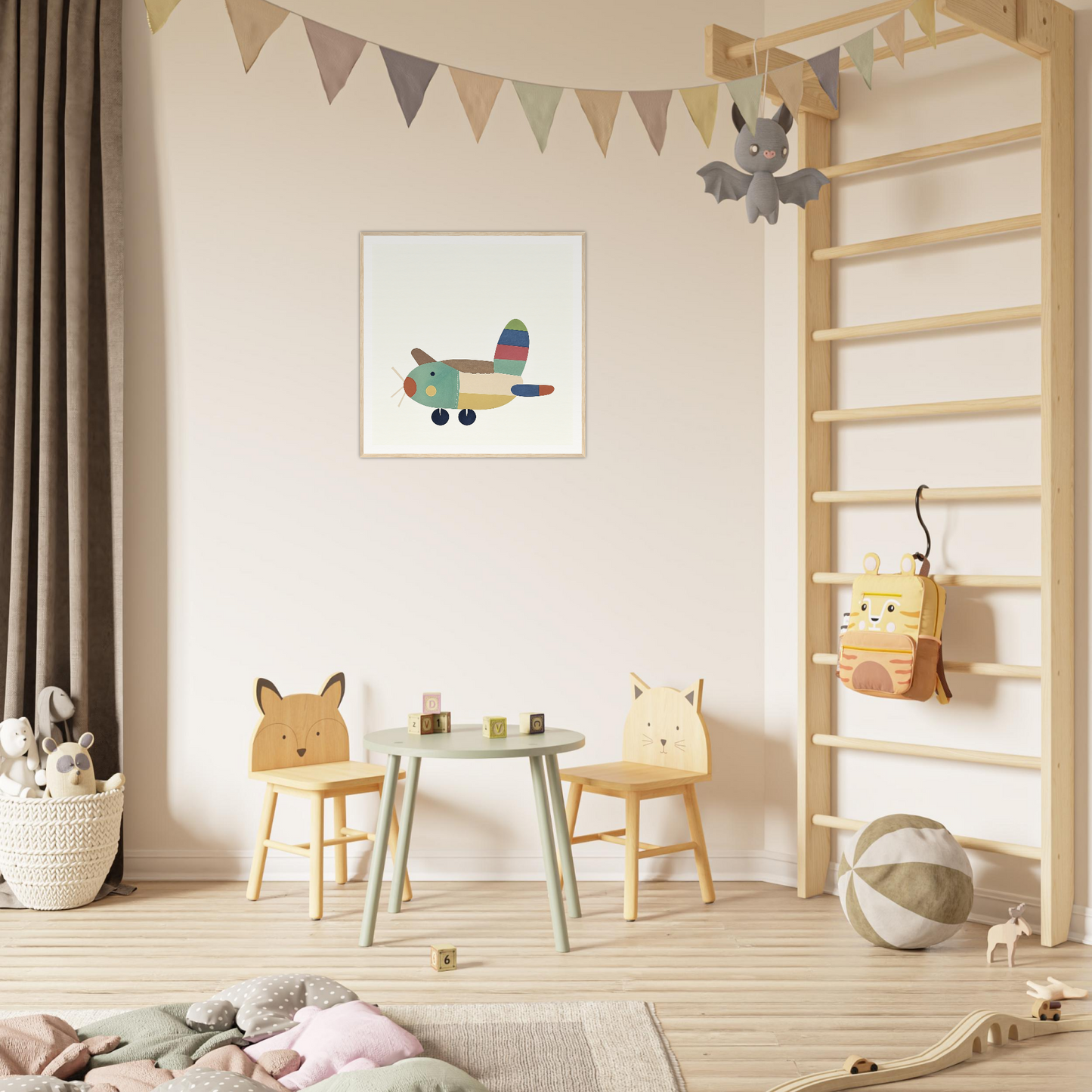 Children’s play area featuring animal-themed chairs and table from Aeronautical Dreamsongs