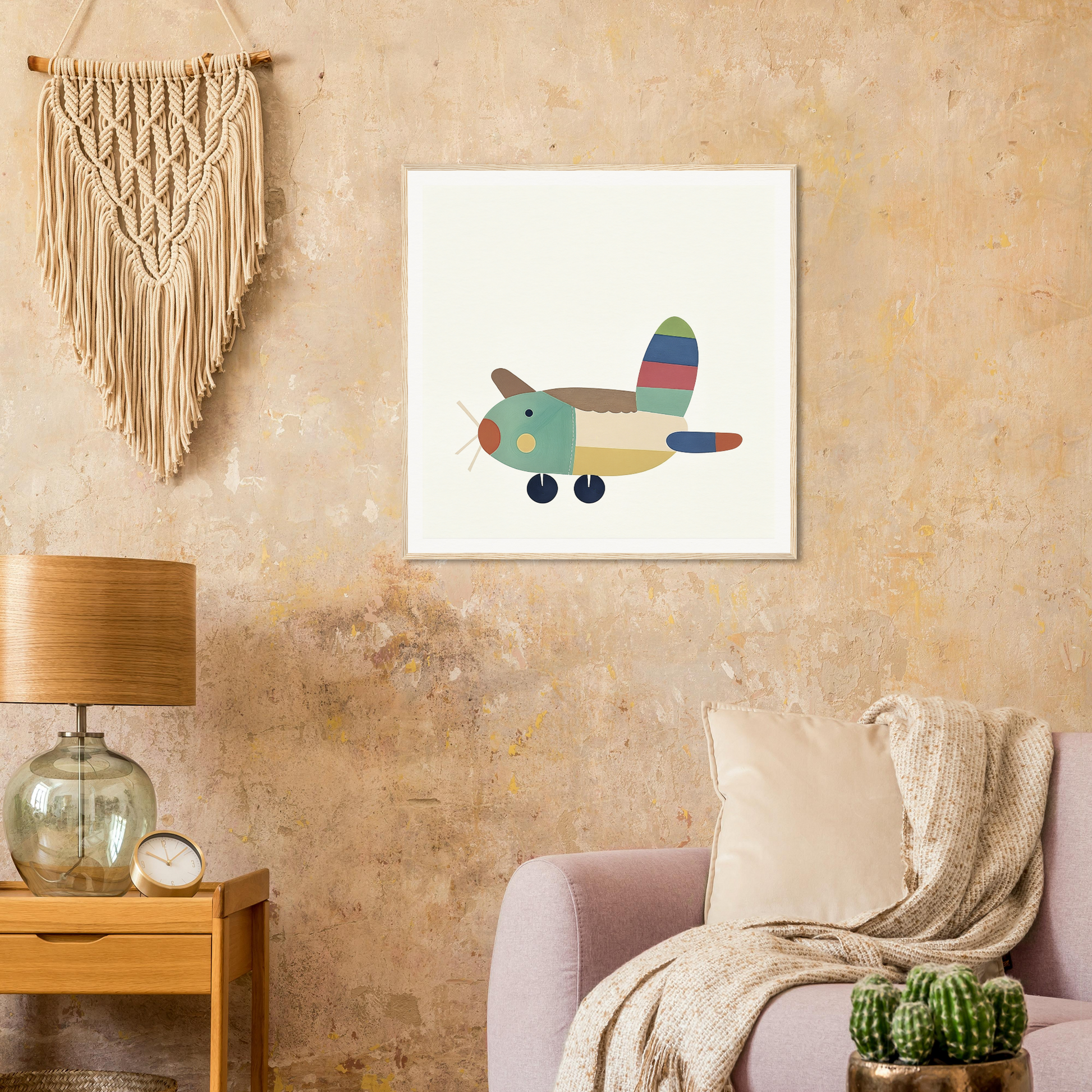 Cartoon airplane illustration in teal and colors on framed canvas for Aeronautical Dreamsongs