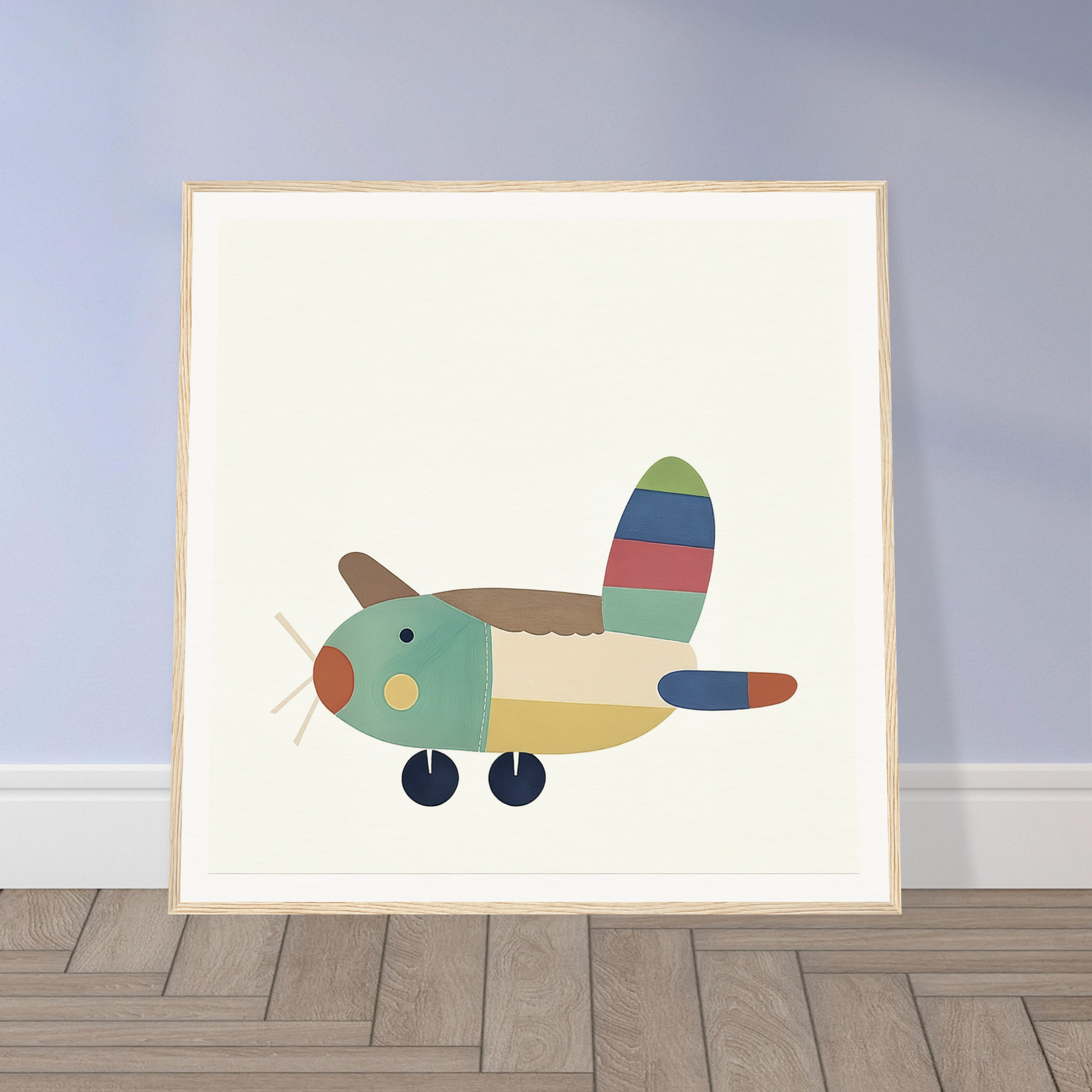 Colorful cartoon airplane with striped tail on Aeronautical Dreamsongs framed canvas