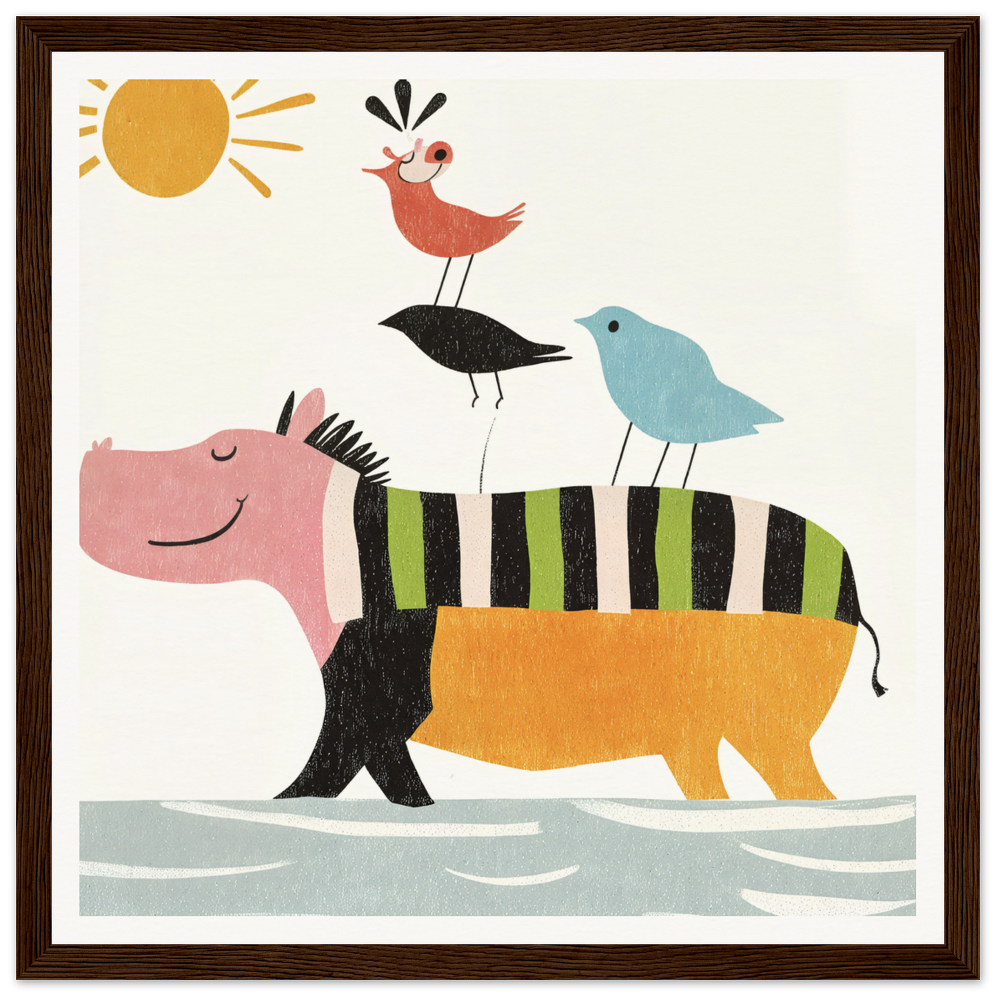 Pink and orange striped hippopotamus with birds on its back in Aesthetic Animal Symphony