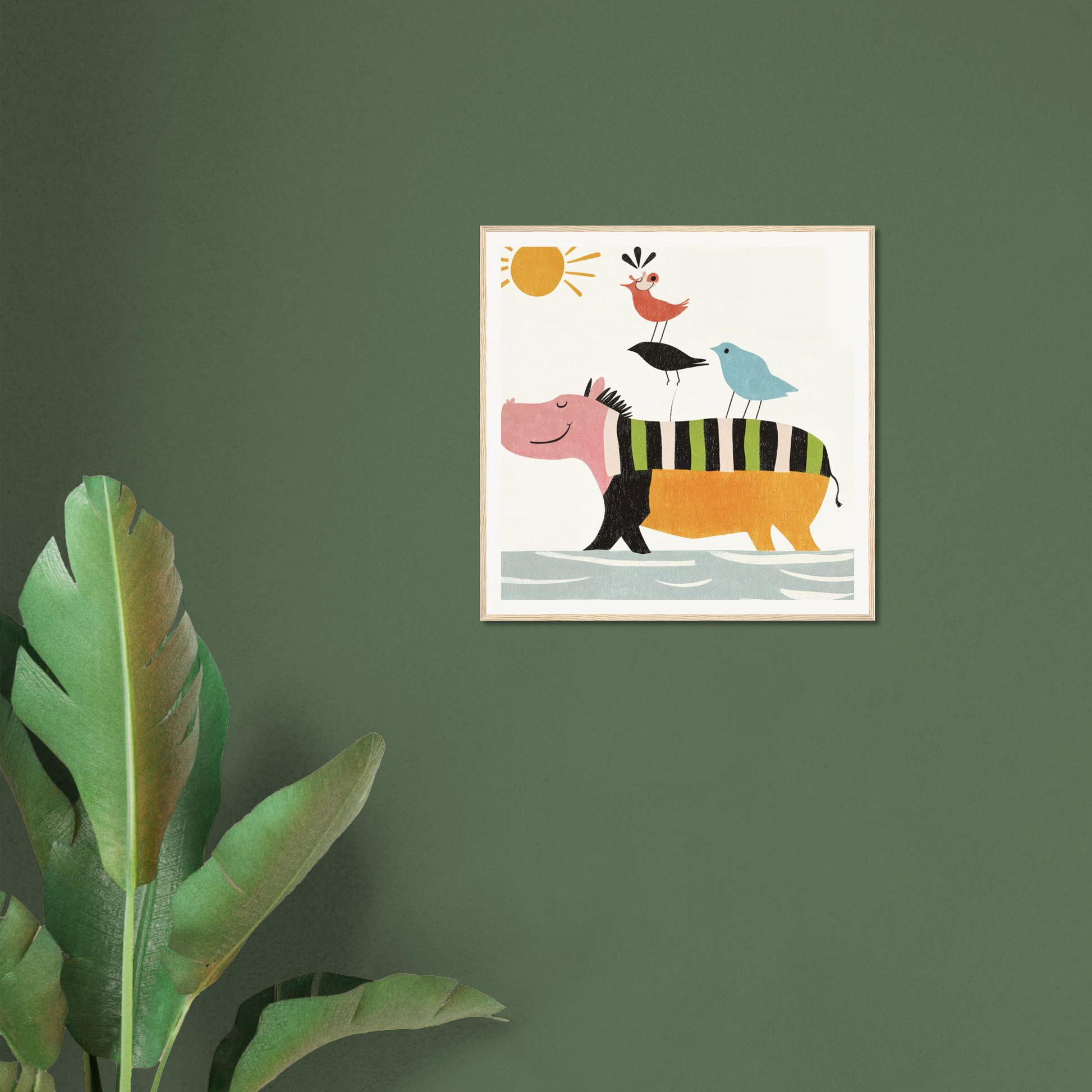 Framed artwork of a whimsical striped hippopotamus with birds, Aesthetic Animal Symphony