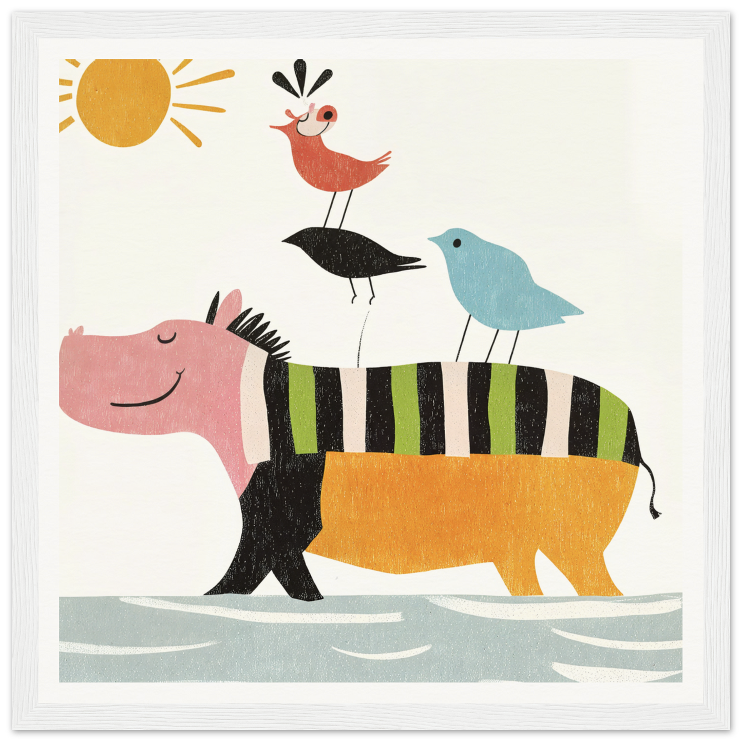 Pink and orange striped hippopotamus with birds on back in Aesthetic Animal Symphony