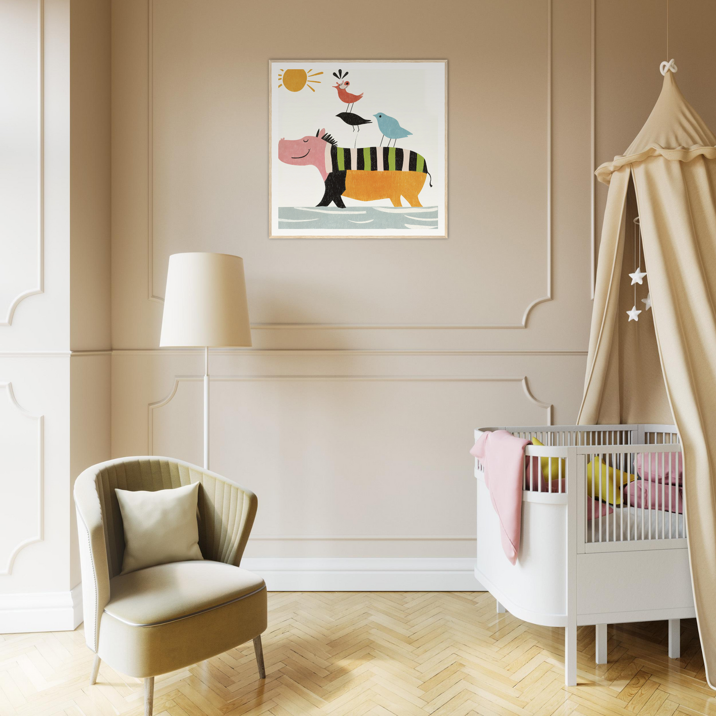 Whimsical nursery artwork of stacked animals, a bird, and the sun in Aesthetic Animal Symphony