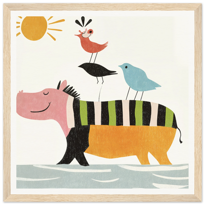 A pink and orange striped hippopotamus with birds on its back in Aesthetic Animal Symphony