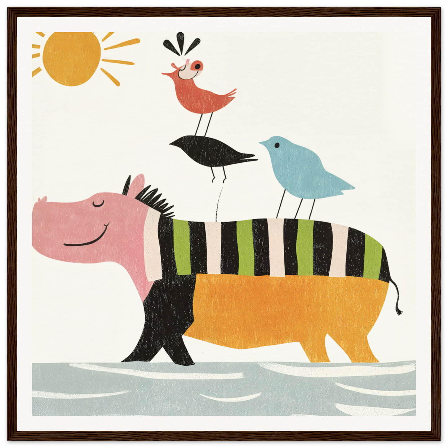 Striped Hippopotamus with Birds on Back in Aesthetic Animal Symphony Product Display