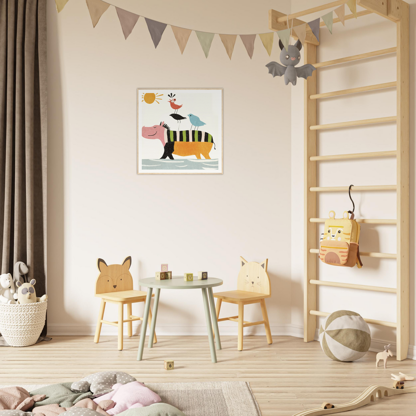 Children’s play area featuring animal-themed chairs and a round table from Aesthetic Animal Symphony