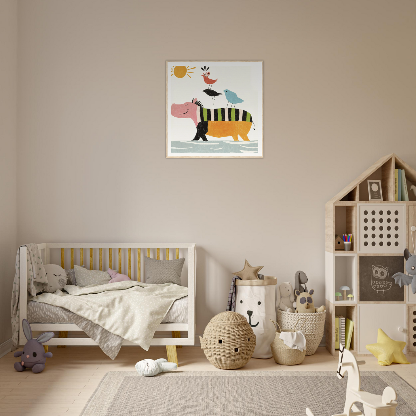 Cozy nursery featuring neutral colors and Scandinavian-inspired decor in Aesthetic Animal Symphony